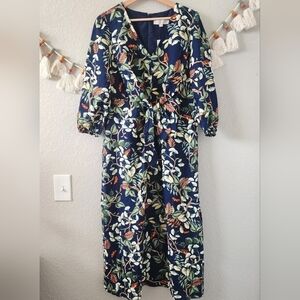 Loft Leaf Tie Front Woven Aline Midi Dress Deep Space Blue Tropical Beach NWT 10